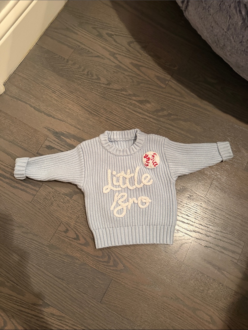 Baby Boy Little Bro Baseball Sweater 0-3M Blue Knit Pullover - Picture 4 of 4